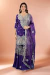 Buy_Samyukta Singhania_Purple Crepe, Organza Embroidery, Zari, Stones Split V-neck Floral Kurta Set _at_Aza_Fashions