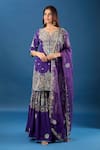 Samyukta Singhania_Purple Crepe, Organza Embroidery, Zari, Stones Split V-neck Floral Kurta Set _at_Aza_Fashions