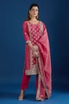Samyukta Singhania_Pink Crinkle, Crepe Embroidery, Sequins, Zari Round Neck Floral Kurta Set _Online_at_Aza_Fashions