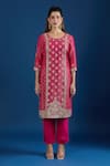 Shop_Samyukta Singhania_Pink Crinkle, Crepe Embroidery, Sequins, Zari Round Neck Floral Kurta Set _Online_at_Aza_Fashions