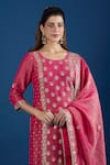 Samyukta Singhania_Pink Crinkle, Crepe Embroidery, Sequins, Zari Round Neck Floral Kurta Set _at_Aza_Fashions