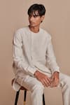 Saphed_Off White Linen Undyed Pinstripe Side Open Kurta Set _Online_at_Aza_Fashions