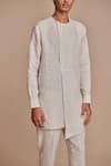 Shop_Saphed_Off White Linen Undyed Pinstripe Side Open Kurta Set _Online_at_Aza_Fashions