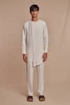 Shop_Saphed_Off White Linen Undyed Pinstripe Side Open Kurta Set _at_Aza_Fashions
