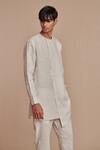Saphed_Off White Linen Undyed Pinstripe Side Open Kurta Set _Online