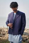 Buy_Saphed_Navy Linen Neel Denim Bandhgala _at_Aza_Fashions