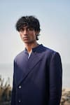 Saphed_Navy Linen Neel Denim Bandhgala _at_Aza_Fashions