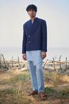 Saphed_Navy Linen Neel Denim Bandhgala _Online