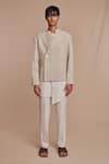 Saphed_Off White Linen Undyed Bandhgala Jacket _Online_at_Aza_Fashions