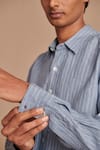 Saphed_Sky Blue Linen Pinstripe Oxford Shirt _Online_at_Aza_Fashions