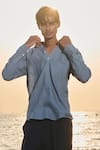 Saphed_Sky Blue Linen Shirt Kurta _Online_at_Aza_Fashions