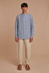 Buy_Saphed_Sky Blue Linen Band Collar Shirt _Online_at_Aza_Fashions