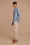 Shop_Saphed_Sky Blue Linen Band Collar Shirt _Online_at_Aza_Fashions