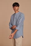 Saphed_Sky Blue Linen Band Collar Shirt _at_Aza_Fashions