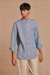 Buy_Saphed_Sky Blue Linen Band Collar Shirt _at_Aza_Fashions