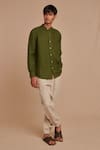 Buy_Saphed_Green Linen Band Collar Shirt _at_Aza_Fashions
