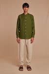 Saphed_Green Linen Band Collar Shirt _Online_at_Aza_Fashions