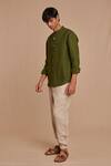 Shop_Saphed_Green Linen Band Collar Shirt _Online_at_Aza_Fashions