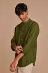 Saphed_Green Linen Band Collar Shirt _at_Aza_Fashions