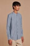 Saphed_Sky Blue Linen Band Collar Shirt _Online_at_Aza_Fashions