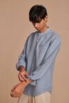 Saphed_Sky Blue Linen Band Collar Shirt _at_Aza_Fashions