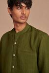 Saphed_Green Linen Band Collar Shirt _Online_at_Aza_Fashions