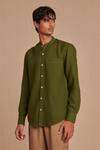Buy_Saphed_Green Linen Band Collar Shirt _at_Aza_Fashions