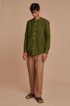 Shop_Saphed_Green Linen Band Collar Shirt _Online_at_Aza_Fashions