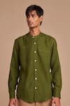 Buy_Saphed_Green Linen Band Collar Shirt 