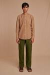 Saphed_Brown Linen Band Collar Shirt _Online_at_Aza_Fashions