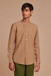 Buy_Saphed_Brown Linen Band Collar Shirt _at_Aza_Fashions
