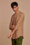 Buy_Saphed_Brown Linen Band Collar Shirt _Online_at_Aza_Fashions