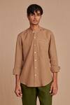 Shop_Saphed_Brown Linen Band Collar Shirt _Online_at_Aza_Fashions
