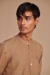 Saphed_Brown Linen Band Collar Shirt _at_Aza_Fashions