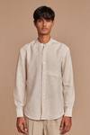Buy_Saphed_Off White Linen Undyed Pinstripe Band Collar Shirt _at_Aza_Fashions