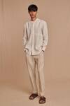 Buy_Saphed_Off White Linen Undyed Pinstripe Band Collar Shirt _Online_at_Aza_Fashions