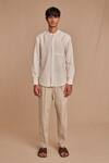 Shop_Saphed_Off White Linen Undyed Pinstripe Band Collar Shirt _Online_at_Aza_Fashions