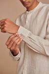 Saphed_Off White Linen Undyed Pinstripe Band Collar Shirt _at_Aza_Fashions