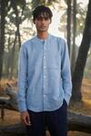 Buy_Saphed_Sky Blue Linen Band Collar Shirt _at_Aza_Fashions