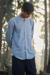 Saphed_Sky Blue Linen Band Collar Shirt _Online_at_Aza_Fashions
