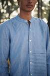 Buy_Saphed_Sky Blue Linen Band Collar Shirt _Online_at_Aza_Fashions