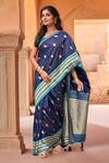 Buy_Naintara Bajaj_Navy Silk, Brocade Zari, Tassels Square Bloom Woven Saree With Sleeveless Blouse _at_Aza_Fashions