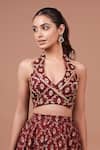 Buy_Ahi Clothing_Maroon Organza Zari, Stones, Beads, Embroidery Bandhani Print Top With Lehenga 