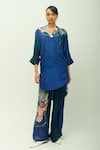 Buy_OFRIDA_Blue Bemberg, Muslin Beads, Foil Printing V-neck Midnight Psy Kurta And Pant Set _at_Aza_Fashions