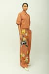 OFRIDA_Brown Beads Collared Mira Cropped Shirt And Pant Set _Online_at_Aza_Fashions
