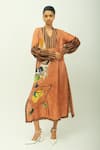 Shop_OFRIDA_Brown Split V-neck Mira Printed Kurta And Pant Set _at_Aza_Fashions