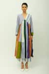 OFRIDA_Blue Cotton, Viscose, Poplin Embroidery V-neck Papillon Hand Painted Print Dress _Online_at_Aza_Fashions