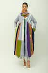 Buy_OFRIDA_Blue Cotton, Viscose, Poplin Embroidery V-neck Papillon Hand Painted Print Dress _at_Aza_Fashions