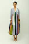 Shop_OFRIDA_Blue Cotton, Viscose, Poplin Embroidery V-neck Papillon Hand Painted Print Dress _Online_at_Aza_Fashions