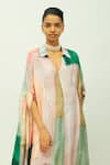 Shop_OFRIDA_Green Muslin, Bemberg Beads Collared, V-neck Azara Hand Painted Print Kaftan _Online_at_Aza_Fashions